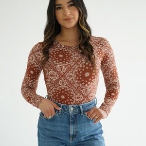 Neon Soul Brown Paisley Open Back Bodysuit Size XL Long Sleeve Boho 70s Festival